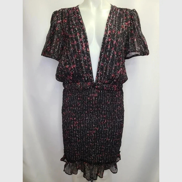 Free People Baby Love Smocked Floral Print Dress Black Red Silver Metallic Large - Picture 2 of 16